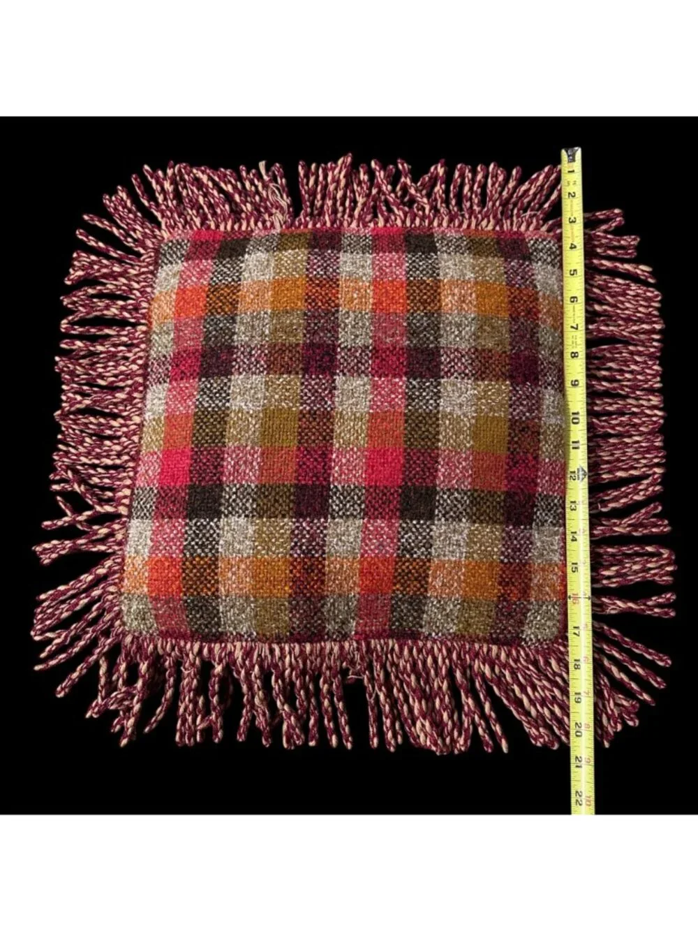 Vintage Plaid Throw Pillow 1970s Fringe Red Orange Brown Couch Cushion Retro